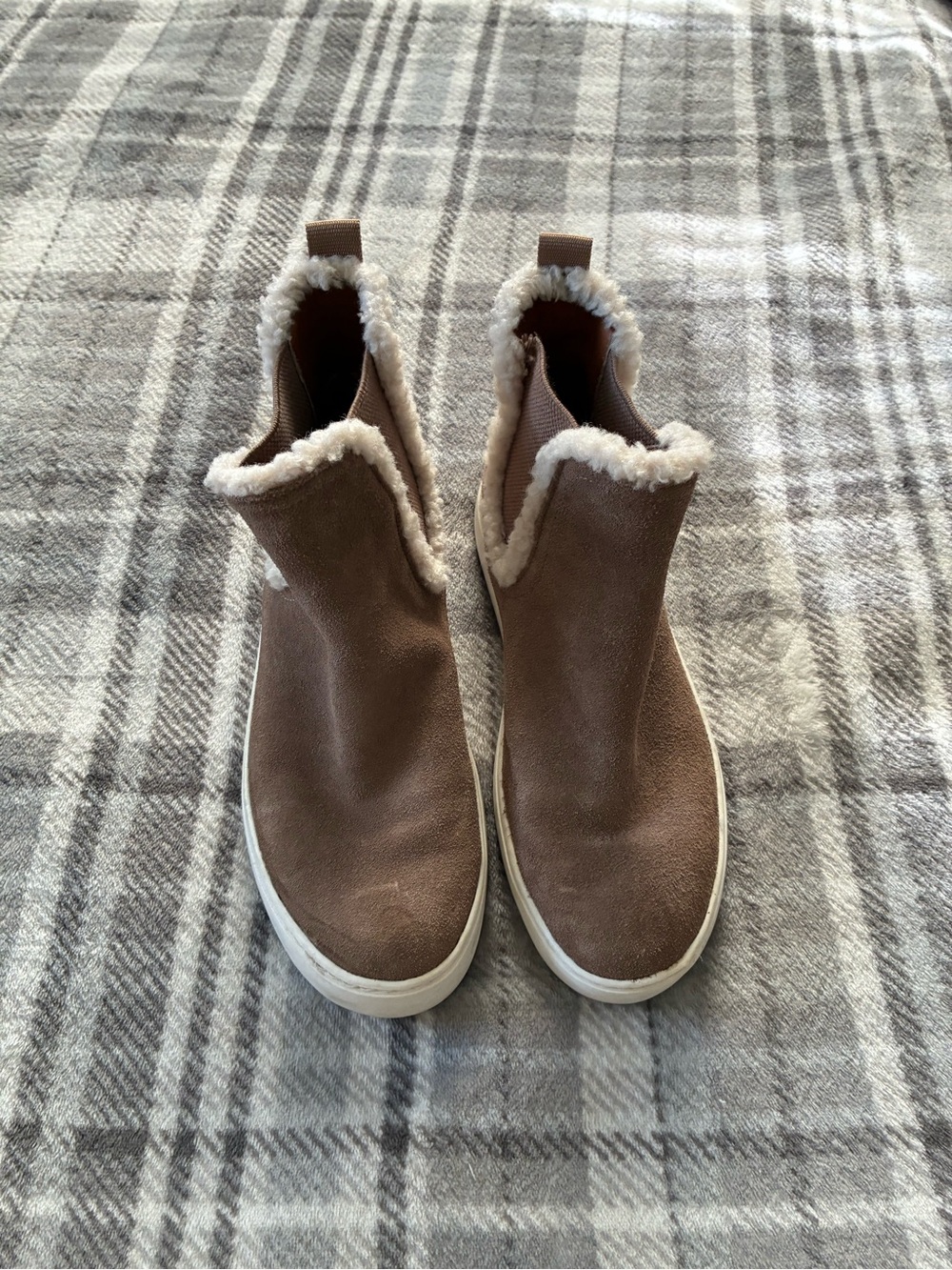 Lucky Brand Taupe Faux-Shearling Ankle Slip-On Booties